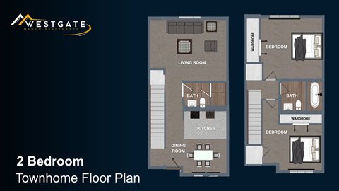 Floor plan for 2 beds, 1.5 baths, 931 sqft